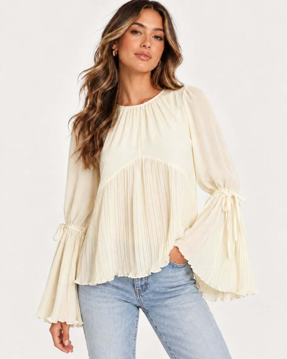Gestuz CelesteGZ Is Blouse Cream Pleated Long Sleeve Top Size: 38/Medium New